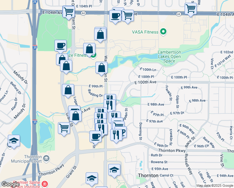 map of restaurants, bars, coffee shops, grocery stores, and more near 1907 East 100th Avenue in Thornton