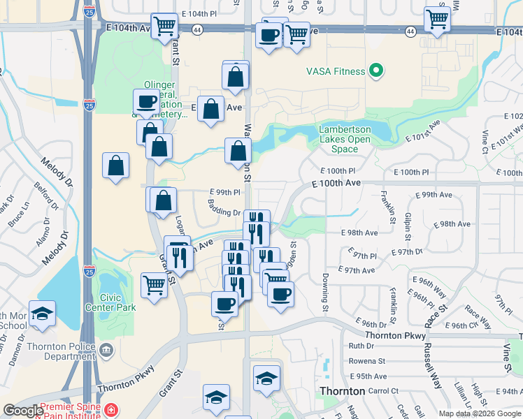 map of restaurants, bars, coffee shops, grocery stores, and more near 803 East 98th Avenue in Thornton