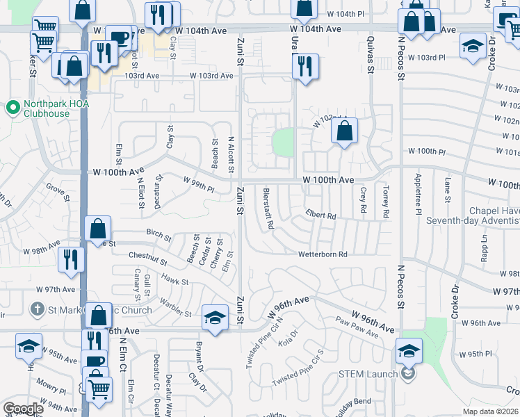 map of restaurants, bars, coffee shops, grocery stores, and more near 9826-9988 Pikes Rd in Thornton