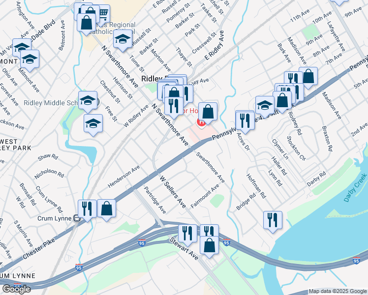 map of restaurants, bars, coffee shops, grocery stores, and more near 17 West Chester Pike in Ridley Park