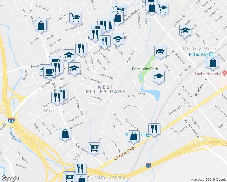 map of restaurants, bars, coffee shops, grocery stores, and more near 403 Crum Lynne Road in Ridley Park