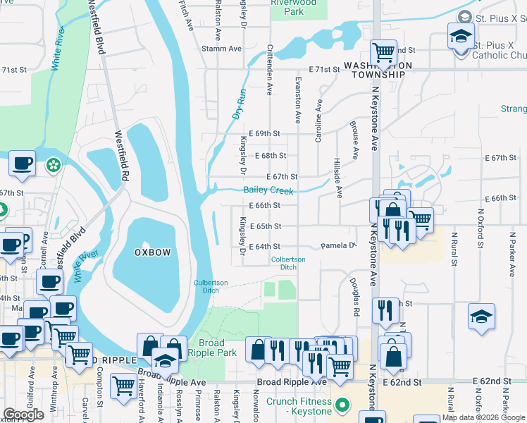 map of restaurants, bars, coffee shops, grocery stores, and more near 1904 East 65th Street in Indianapolis