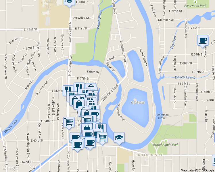 map of restaurants, bars, coffee shops, grocery stores, and more near 6622 Reserve Drive in Indianapolis