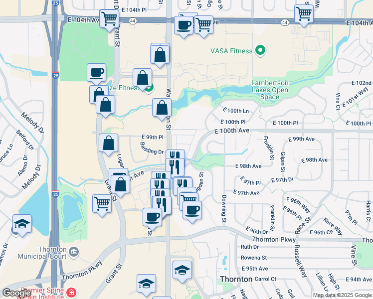 map of restaurants, bars, coffee shops, grocery stores, and more near 1907 East 100th Avenue in Thornton