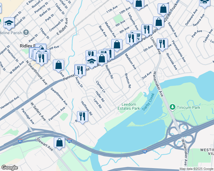 map of restaurants, bars, coffee shops, grocery stores, and more near 635 Stockton Circle in Ridley Park