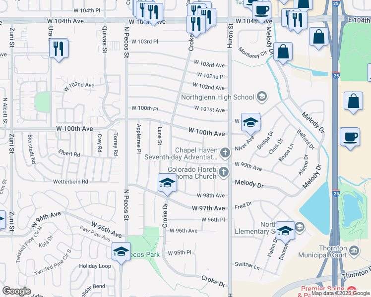 map of restaurants, bars, coffee shops, grocery stores, and more near 1081 West 99th Avenue in Northglenn