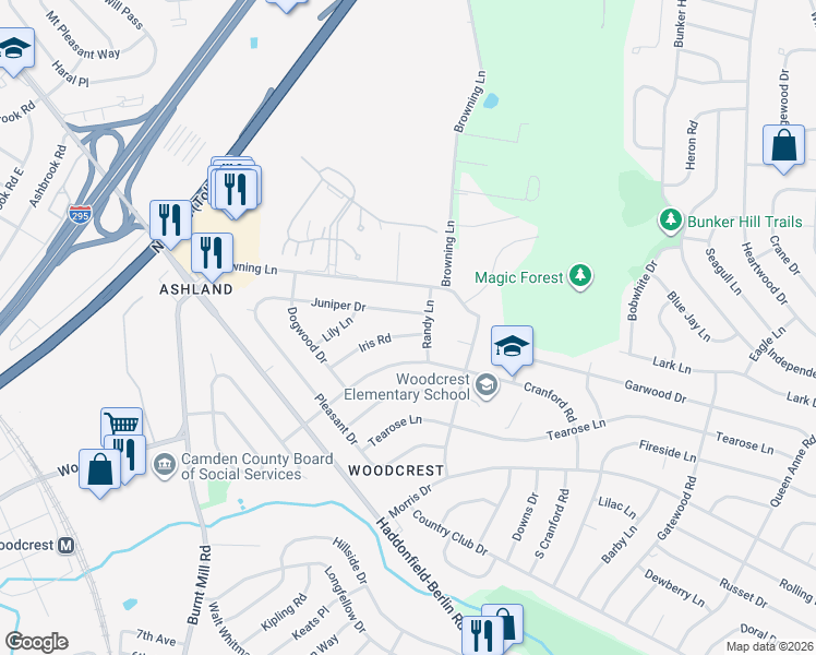map of restaurants, bars, coffee shops, grocery stores, and more near 316 Iris Road in Cherry Hill