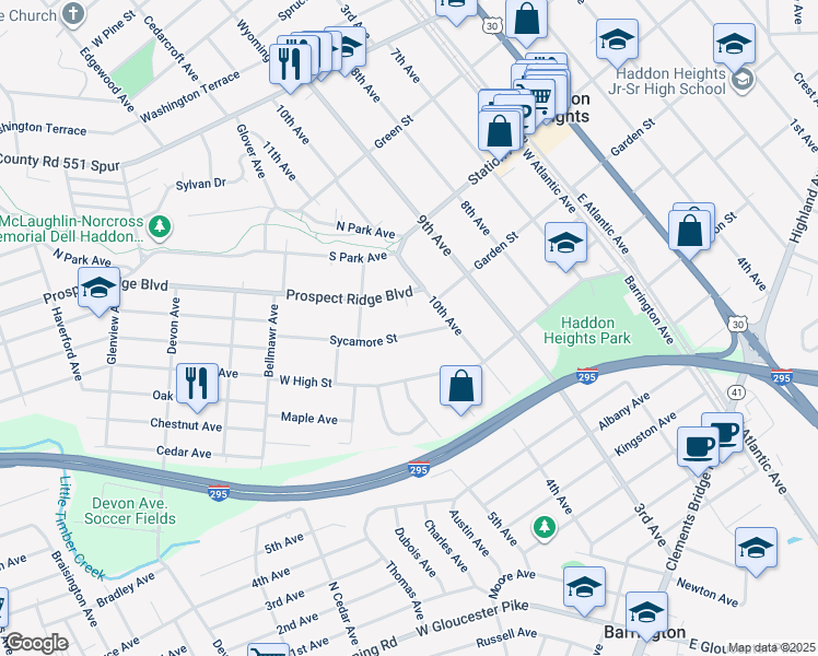 map of restaurants, bars, coffee shops, grocery stores, and more near 1011 Sycamore Street in Haddon Heights