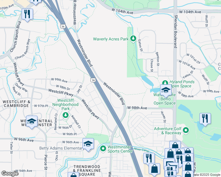 map of restaurants, bars, coffee shops, grocery stores, and more near 10951 Harlan Street in Westminster