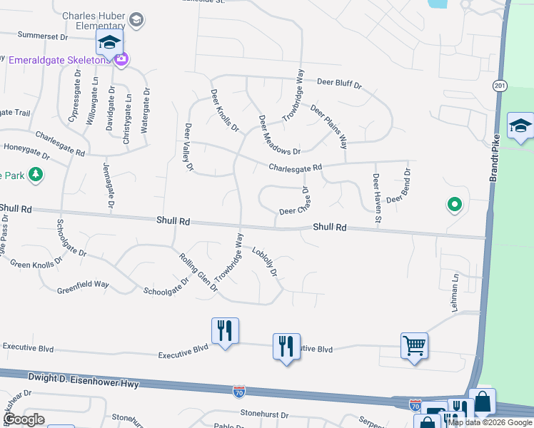 map of restaurants, bars, coffee shops, grocery stores, and more near 6738 Shull Road in Dayton