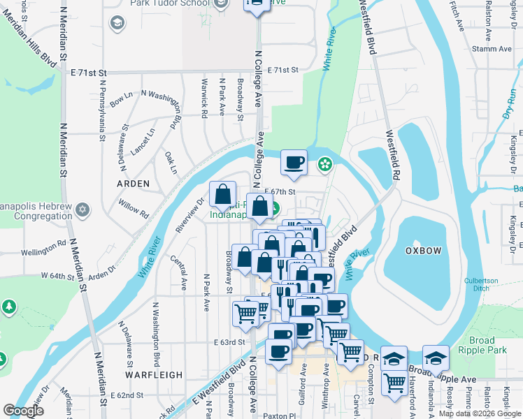 map of restaurants, bars, coffee shops, grocery stores, and more near 780 East 66th Street in Indianapolis