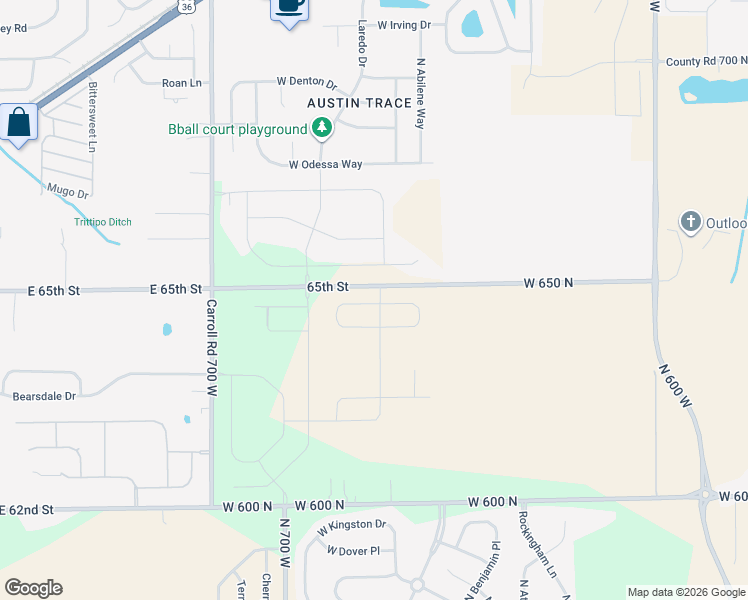 map of restaurants, bars, coffee shops, grocery stores, and more near 6579 West 650 North in McCordsville
