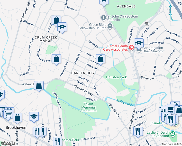 map of restaurants, bars, coffee shops, grocery stores, and more near 104 Cedar Road in Nether Providence Township