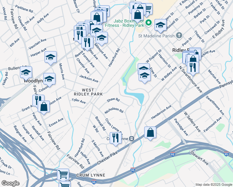 map of restaurants, bars, coffee shops, grocery stores, and more near 406 Glenlock Road in Ridley Park
