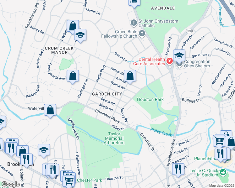 map of restaurants, bars, coffee shops, grocery stores, and more near 104 Cedar Road in Nether Providence Township