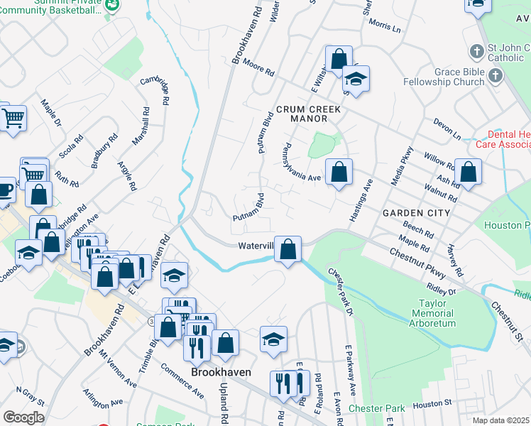 map of restaurants, bars, coffee shops, grocery stores, and more near 1012 Putnam Boulevard in Delaware County