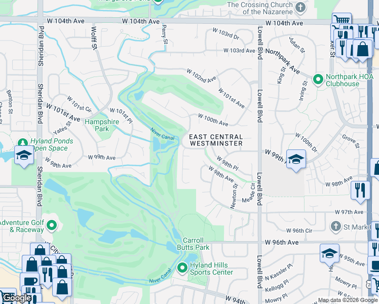 map of restaurants, bars, coffee shops, grocery stores, and more near 4193 West 99th Court in Westminster