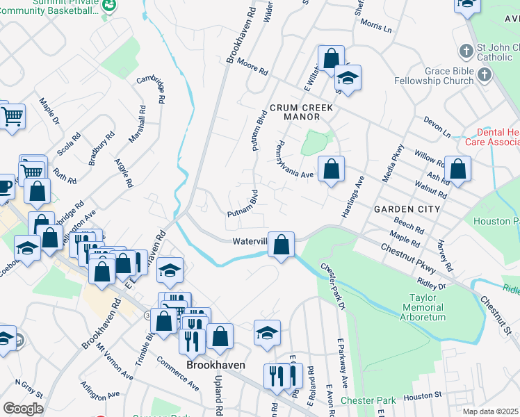 map of restaurants, bars, coffee shops, grocery stores, and more near 1012 Putnam Boulevard in Delaware County