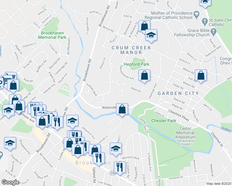map of restaurants, bars, coffee shops, grocery stores, and more near 1020 Putnam Boulevard in Nether Providence Township