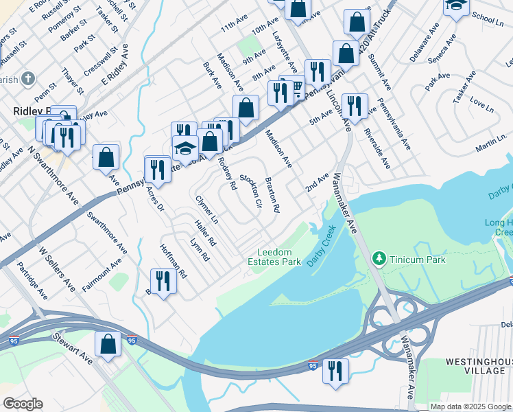 map of restaurants, bars, coffee shops, grocery stores, and more near 728 Stockton Circle in Ridley Park