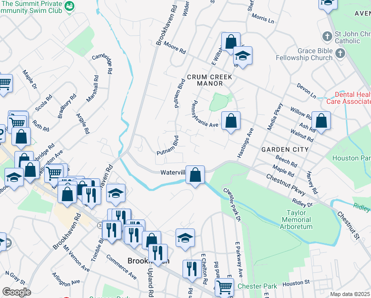map of restaurants, bars, coffee shops, grocery stores, and more near 1020 Putnam Boulevard in Nether Providence Township