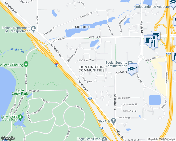 map of restaurants, bars, coffee shops, grocery stores, and more near 6952 Antelope Boulevard in Indianapolis