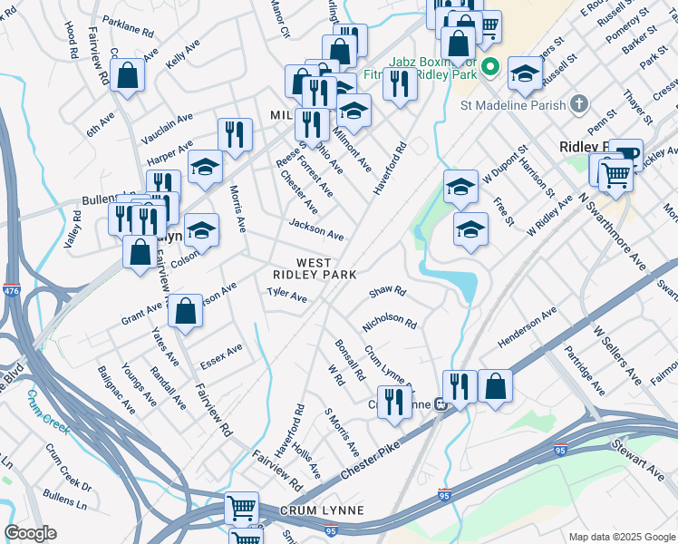 map of restaurants, bars, coffee shops, grocery stores, and more near 405 Crum Lynne Road in Ridley Park