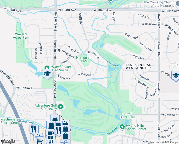 map of restaurants, bars, coffee shops, grocery stores, and more near 4650 West 99th Avenue in Westminster