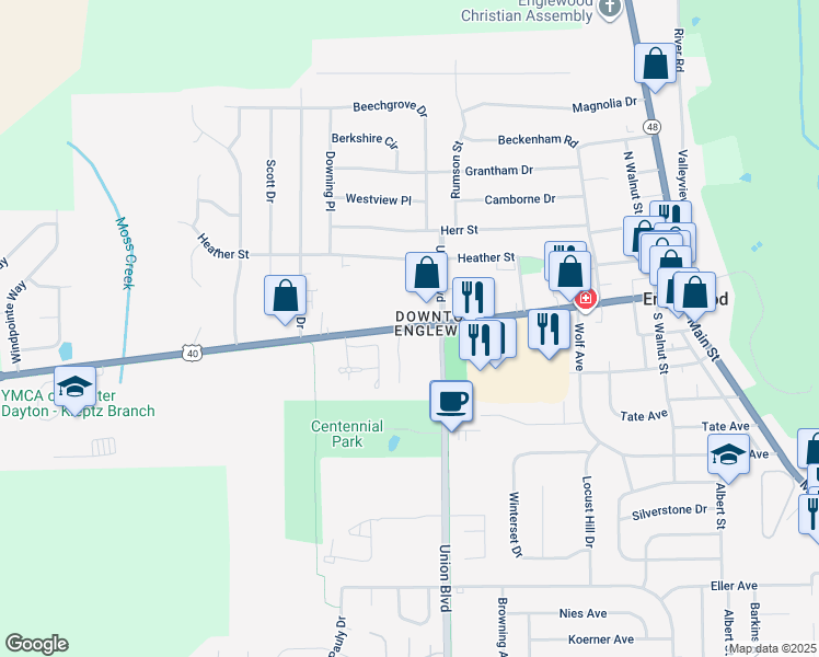 map of restaurants, bars, coffee shops, grocery stores, and more near 1100 National Road in Englewood