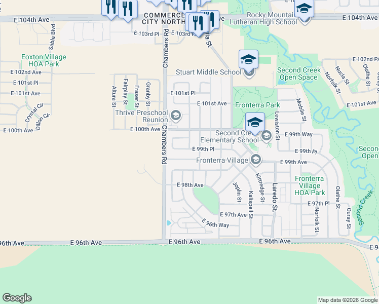 map of restaurants, bars, coffee shops, grocery stores, and more near 15364 East 99th Avenue in Commerce City