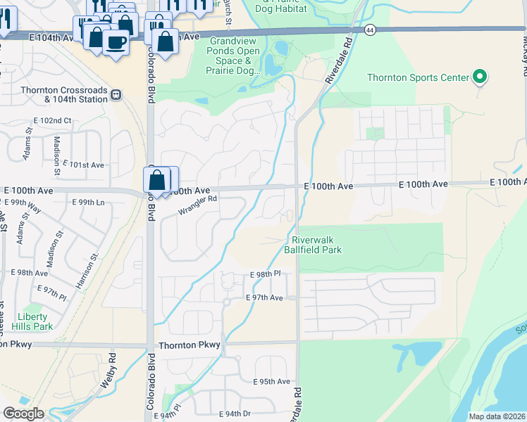 map of restaurants, bars, coffee shops, grocery stores, and more near 4210 East 100th Avenue in Thornton
