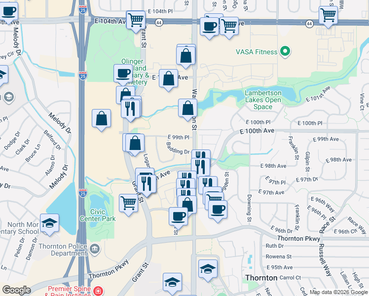 map of restaurants, bars, coffee shops, grocery stores, and more near 9883 Pearl Street in Thornton