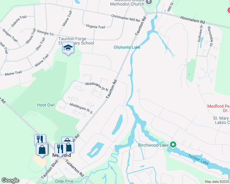 map of restaurants, bars, coffee shops, grocery stores, and more near 45 Taunton Road in Medford