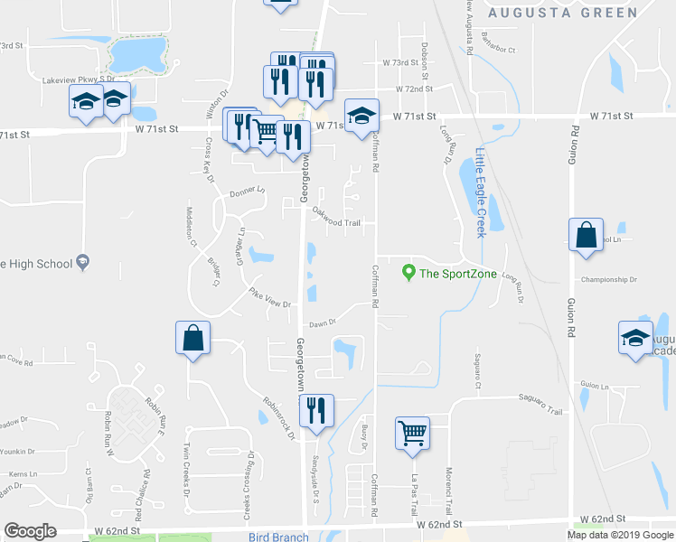 map of restaurants, bars, coffee shops, grocery stores, and more near 4909 Covered Bridge Road in Indianapolis