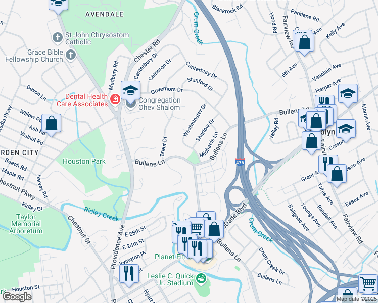 map of restaurants, bars, coffee shops, grocery stores, and more near 105 Westminster Drive in Delaware County