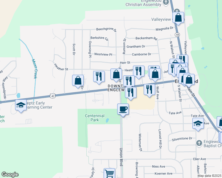 map of restaurants, bars, coffee shops, grocery stores, and more near 1100 National Road in Englewood