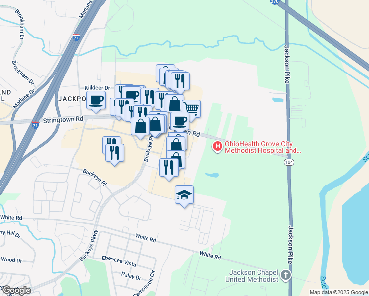map of restaurants, bars, coffee shops, grocery stores, and more near 4144 Buckeye Parkway in Grove City