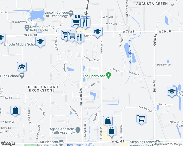 map of restaurants, bars, coffee shops, grocery stores, and more near 4909 Covered Bridge Road in Indianapolis