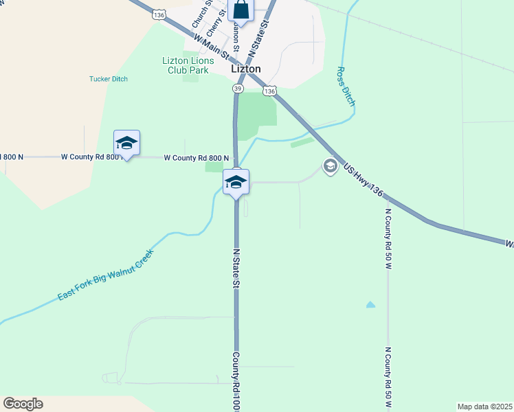 map of restaurants, bars, coffee shops, grocery stores, and more near 7883 Indiana 39 in Lizton