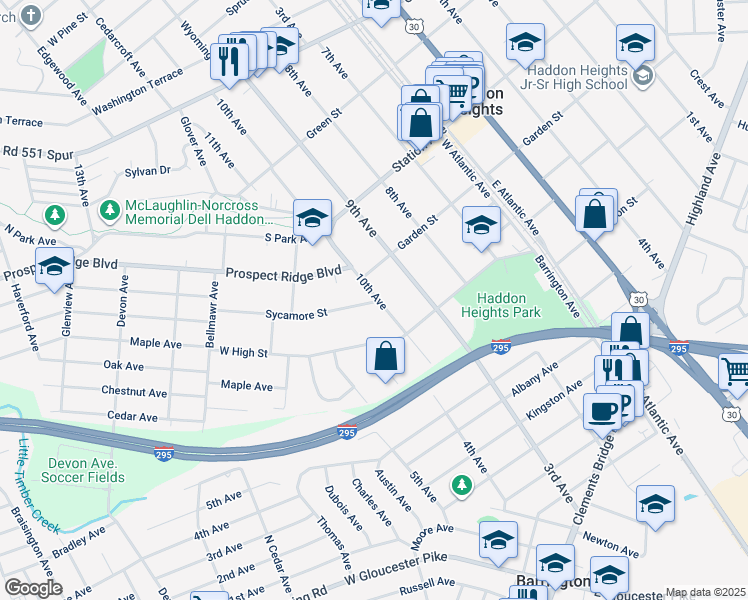 map of restaurants, bars, coffee shops, grocery stores, and more near 1011 Sycamore Street in Haddon Heights