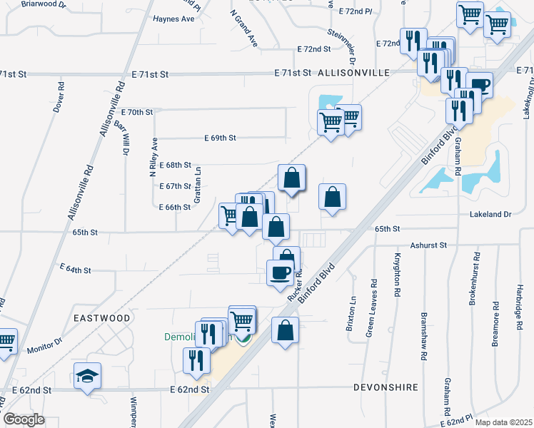 map of restaurants, bars, coffee shops, grocery stores, and more near 5230 East 65th Street in Indianapolis