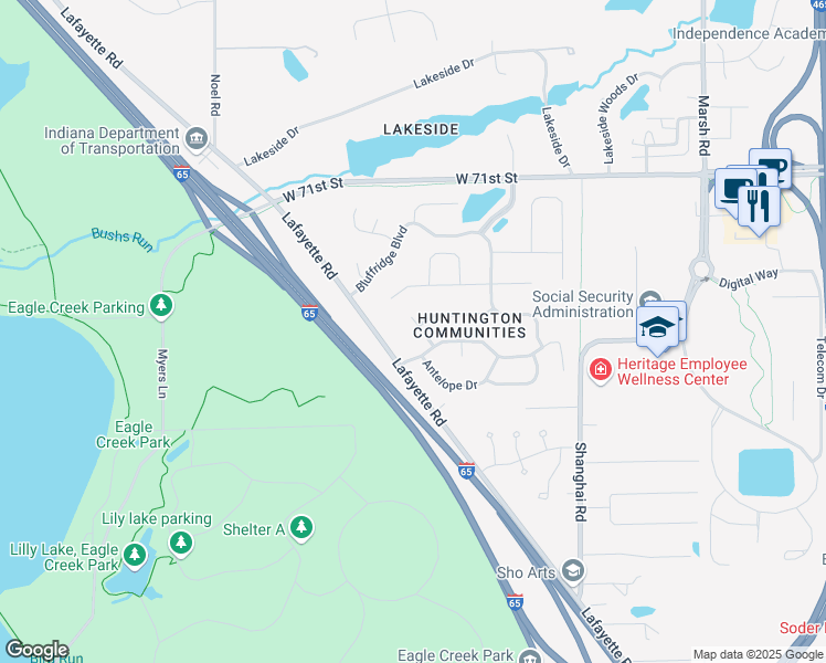 map of restaurants, bars, coffee shops, grocery stores, and more near 6642 Caribou Place in Indianapolis
