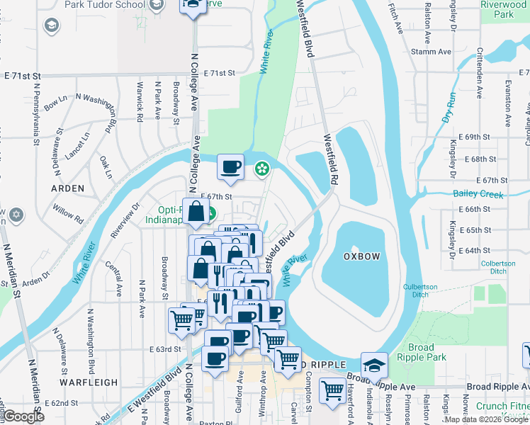 map of restaurants, bars, coffee shops, grocery stores, and more near 1029 Reserve Way in Indianapolis