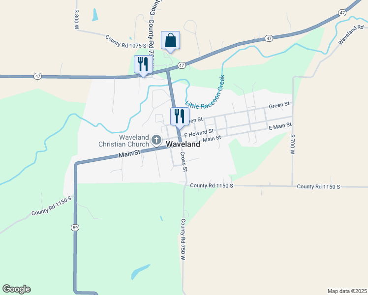 map of restaurants, bars, coffee shops, grocery stores, and more near 111 Main Street in Waveland