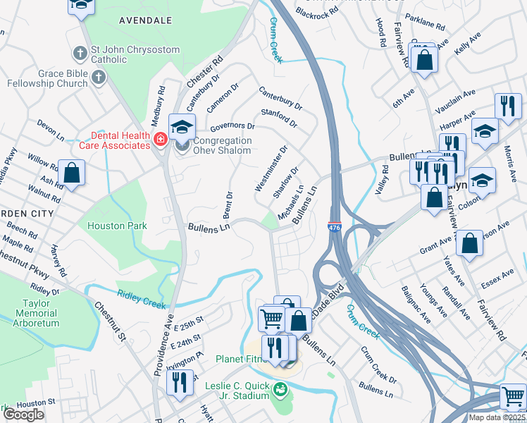 map of restaurants, bars, coffee shops, grocery stores, and more near 105 Westminster Drive in Delaware County