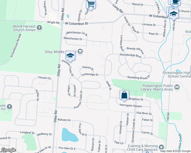 map of restaurants, bars, coffee shops, grocery stores, and more near 625 Canteridge Drive in Pickerington