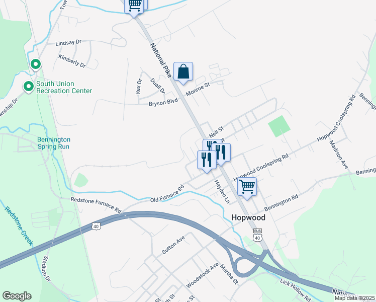 map of restaurants, bars, coffee shops, grocery stores, and more near 1152 National Pike in Hopwood