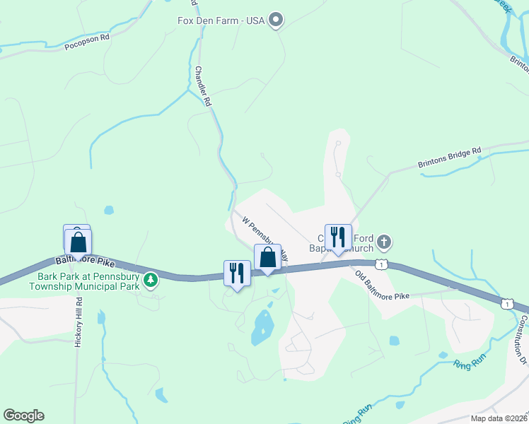 map of restaurants, bars, coffee shops, grocery stores, and more near 23 Pennsbury Way East in Chadds Ford
