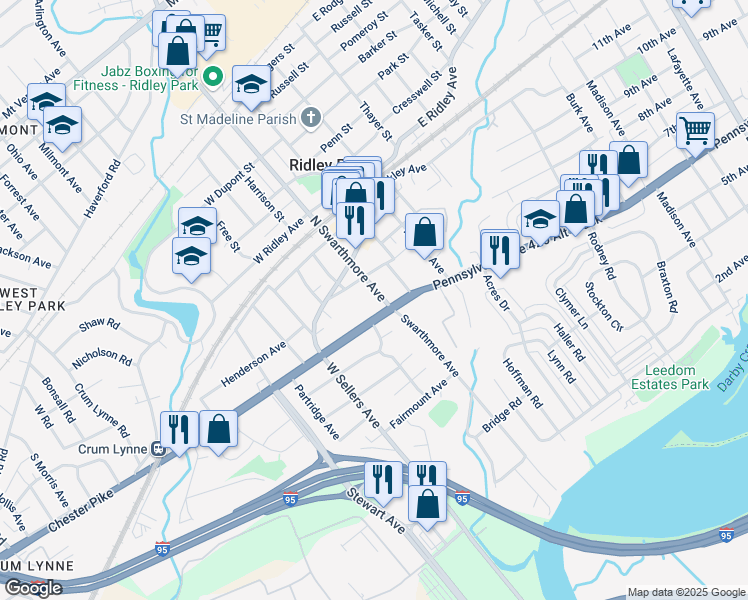 map of restaurants, bars, coffee shops, grocery stores, and more near 8 North Swarthmore Avenue in Ridley Park