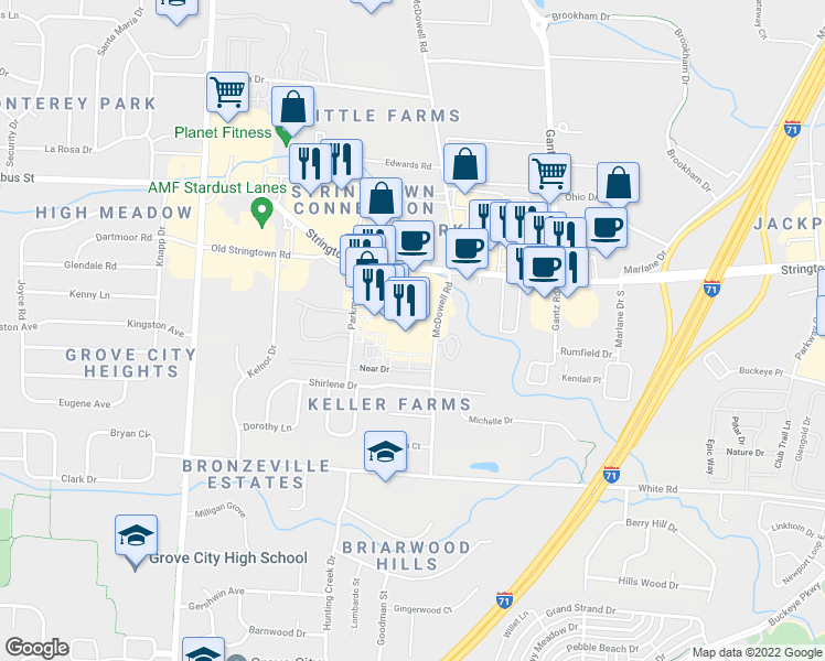 map of restaurants, bars, coffee shops, grocery stores, and more near 2173 Stringtown Road in Grove City